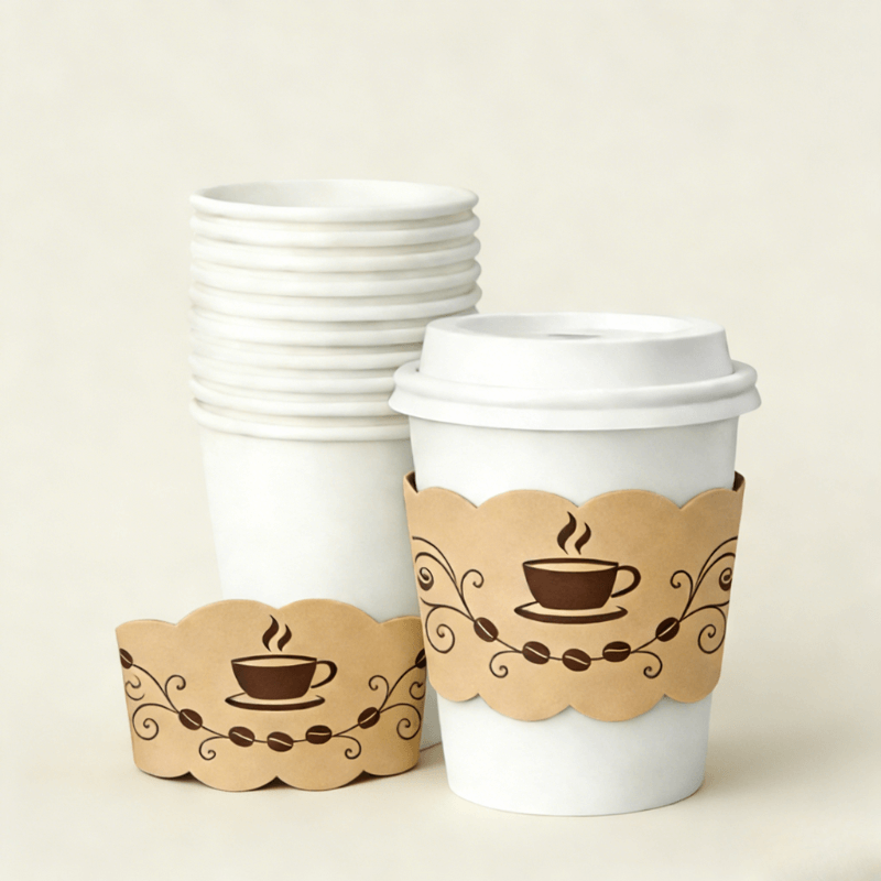 Stack of blank white paper cups with a lidded cup wrapped in a scalloped kraft sleeve featuring a coffee cup icon and decorative swirls; matching sleeve sample in front.