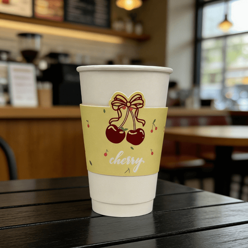 White paper cup on a café table with a yellow sleeve featuring a bow and cherries and the word “cherry”; background is softly blurred.