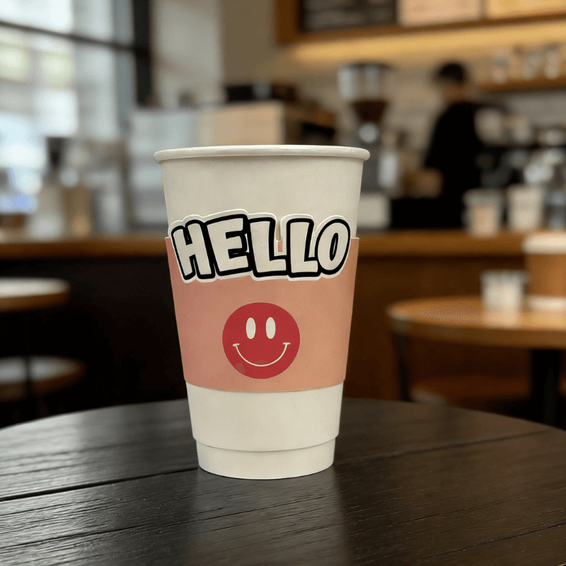White paper cup on a café table with a pink sleeve that says “HELLO” and a red smiley face; background is softly blurred.