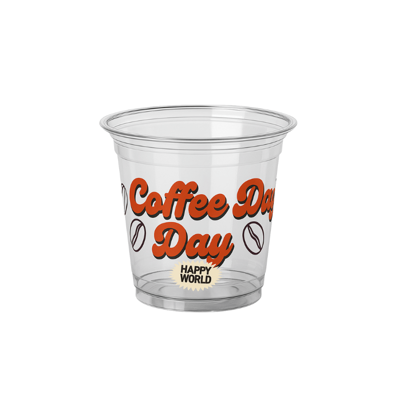 Clear plastic cup with large orange “Coffee Day” lettering, coffee bean icons, and a small “HAPPY WORLD” badge on a white background.