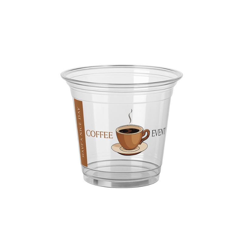 Clear plastic cup with a small steaming coffee cup illustration and the words “COFFEE EVENT,” plus a vertical “HAVE A NICE DAY” strip on a white background.