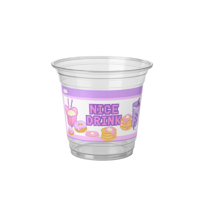 Clear plastic cup with a purple pixel-art wrap reading “NICE DRINK,” surrounded by pixel-style snacks and a drink on a white background.