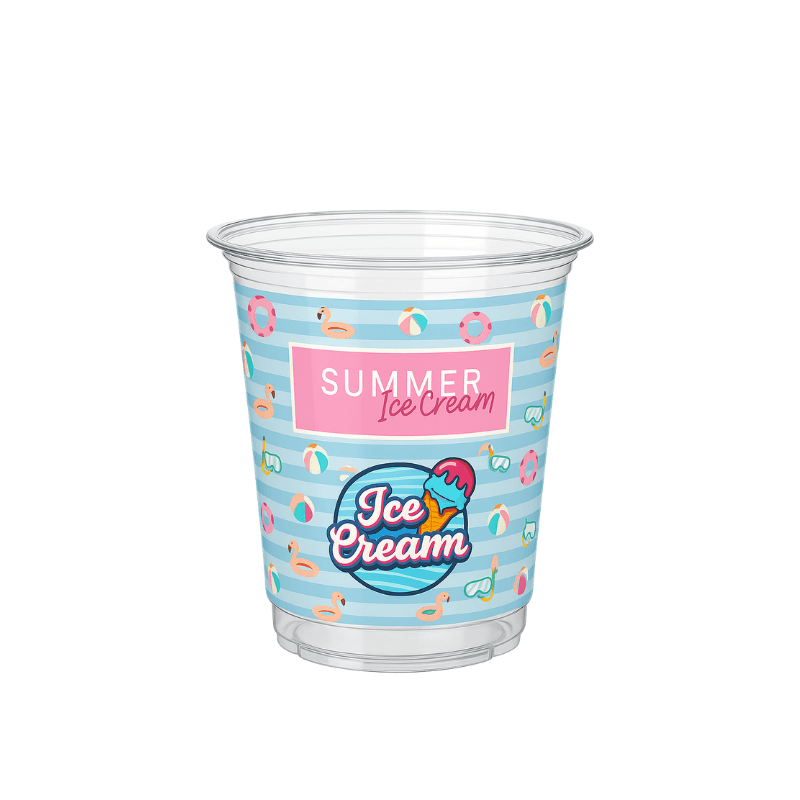Clear plastic cup with a blue striped wrap reading “SUMMER Ice cream” and “Ice Cream,” decorated with pool floats and summer icons on a white background.