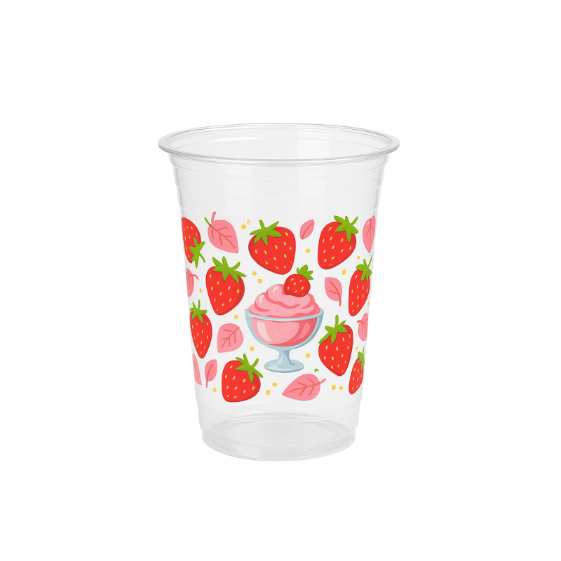Clear plastic cup with a strawberry-themed pattern and a pink dessert bowl illustration in the center on a white background.