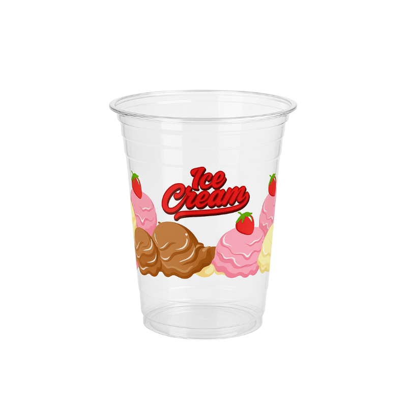 Clear plastic cup with red “Ice Cream” text above illustrated scoops of chocolate, strawberry, and vanilla ice cream with strawberries on a white background.