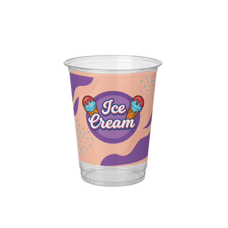 Clear plastic cup with a peach-and-purple abstract wrap featuring “Ice Cream” text and two ice cream cone illustrations on a white background.