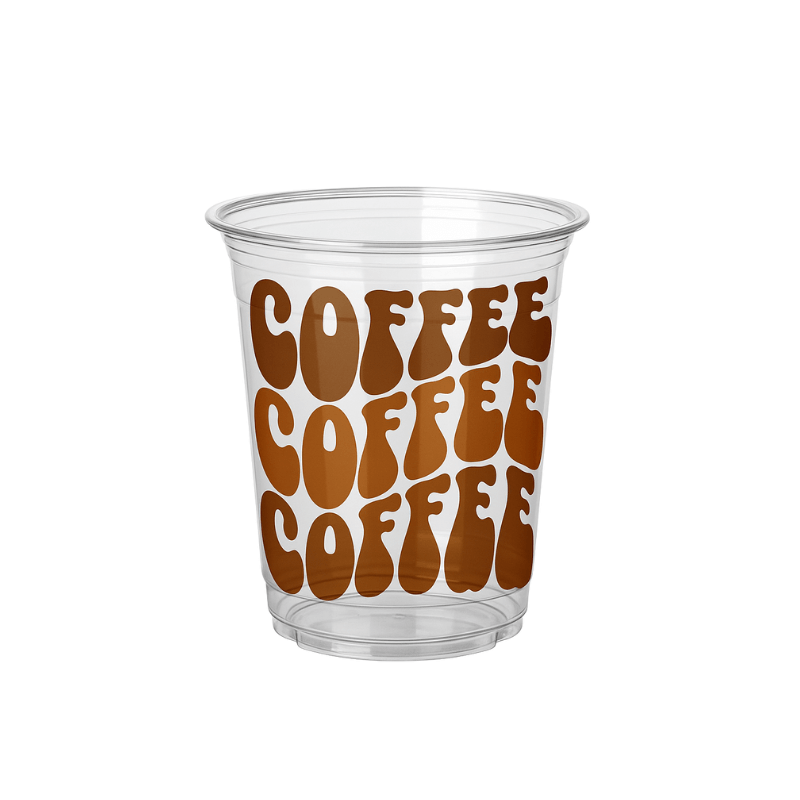 Clear plastic cup with repeated brown “COFFEE” text in large stacked letters on a white background.