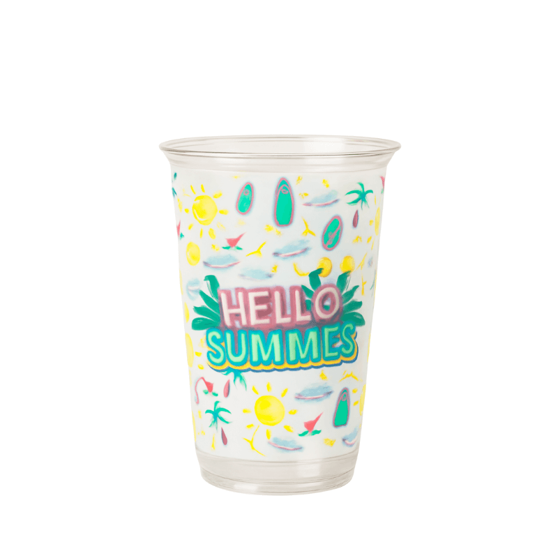 Clear plastic cup with a colorful “HELLO SUMMES” summer design featuring suns, leaves, surfboards, and beach icons on a white background.