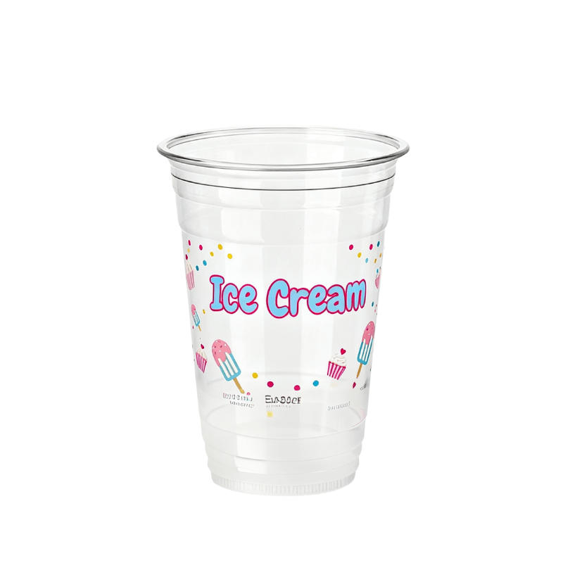 Clear plastic cup with “Ice Cream” text and small popsicle and cupcake icons with confetti dots on a white background.