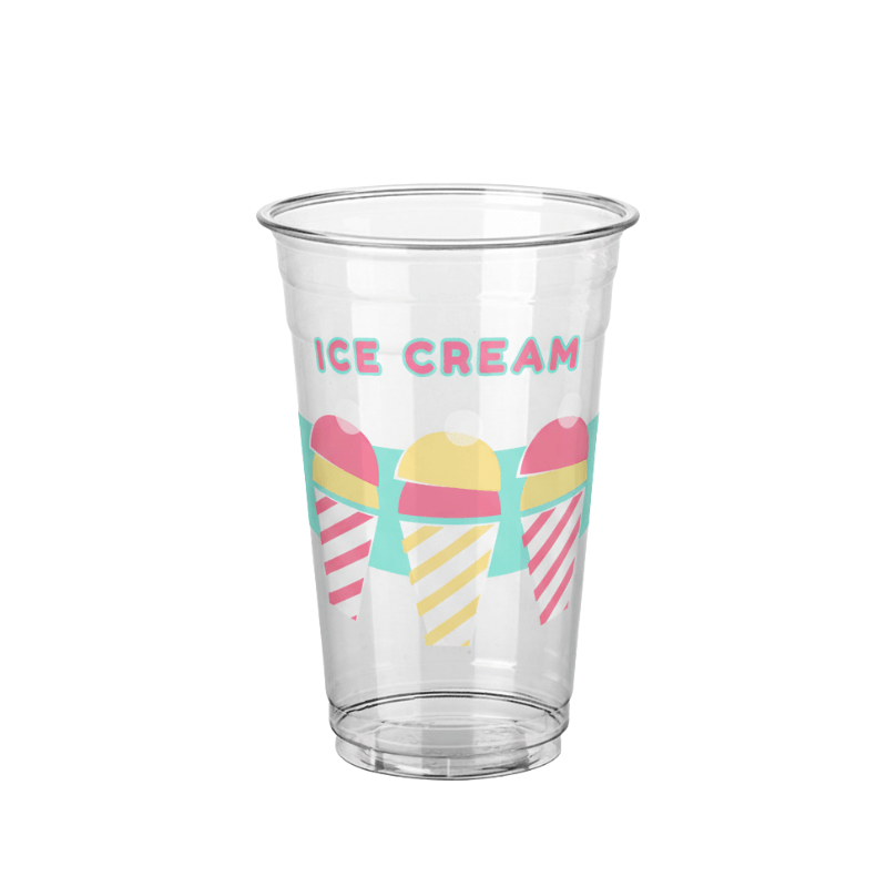 Clear plastic cup with “ICE CREAM” text above three illustrated ice cream cones in pastel colors on a white background.
