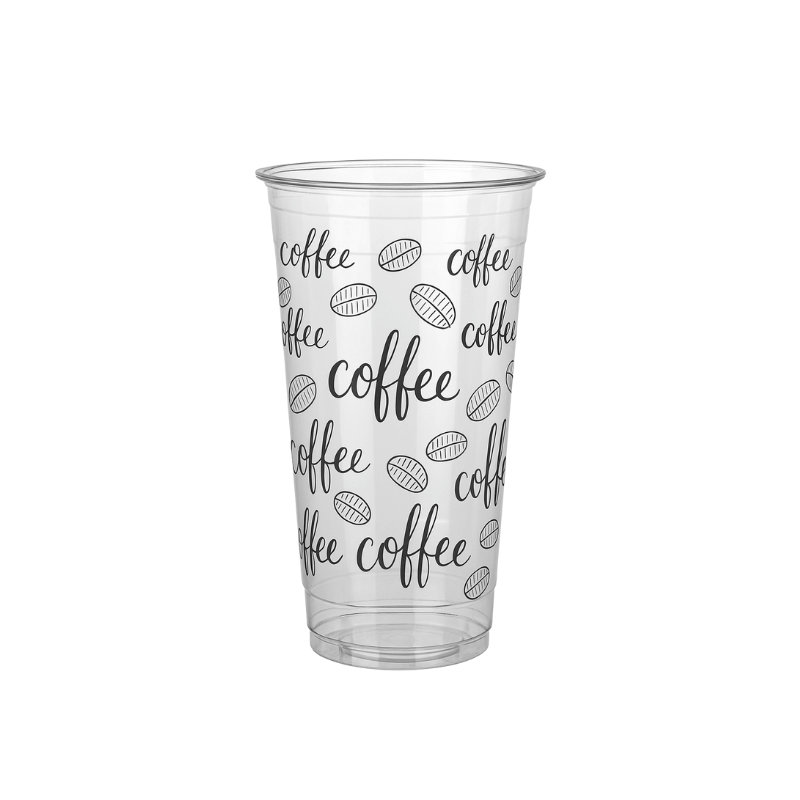 Clear plastic cup with a black-and-white pattern of “coffee” script text and coffee bean doodles on a white background.