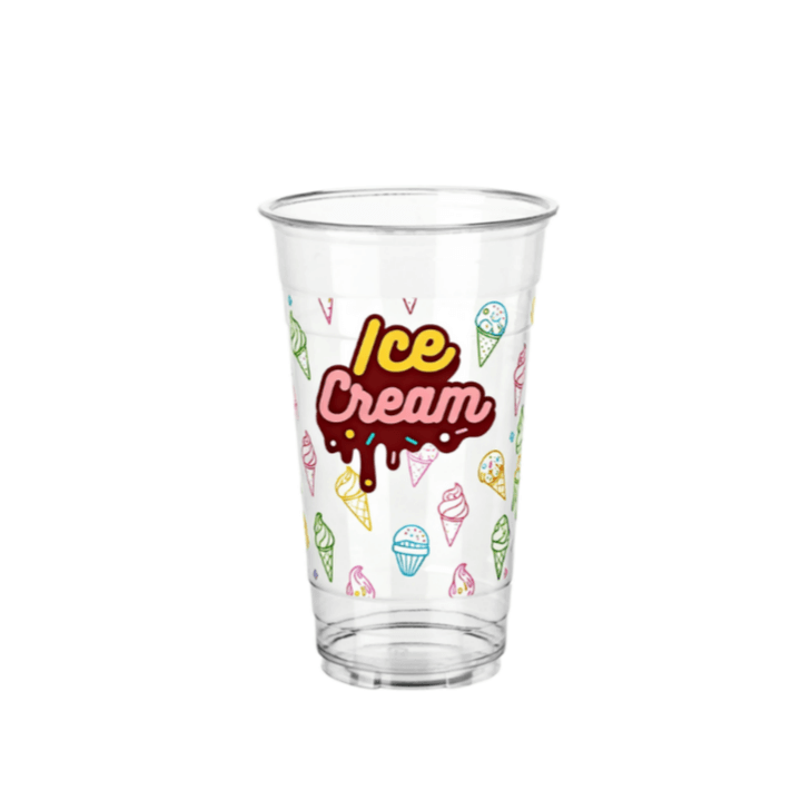 Clear plastic cup with a drippy “Ice Cream” logo and a colorful pattern of ice cream cones and cupcakes on a white background.