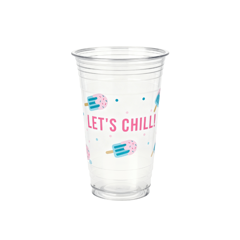 Clear plastic cup with pink “LET’S CHILL!” text, popsicle illustrations, and small confetti dots on a white background.