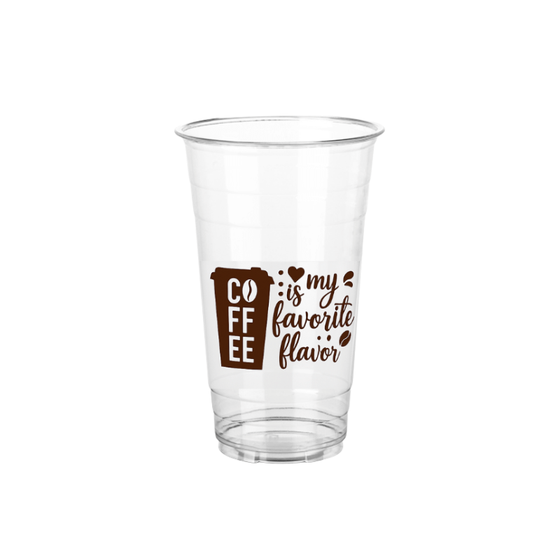 Clear plastic cup with a brown coffee cup icon and text reading “COFFEE is my favorite flavor” on a white background.