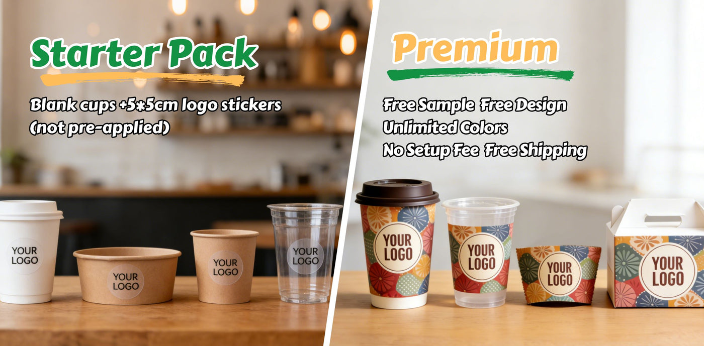 Split comparison banner for custom packaging: left side titled “Starter Pack” with text “Blank cups + 5×5 cm logo stickers (not pre-applied)” and several plain cups/bowls on a table with “YOUR LOGO” sticker labels; right side titled “Premium” listing “Free Sample, Free Design, Unlimited Colors, No Setup Fee, Free Shipping” with colorful fully printed cups and a takeout box on a table.