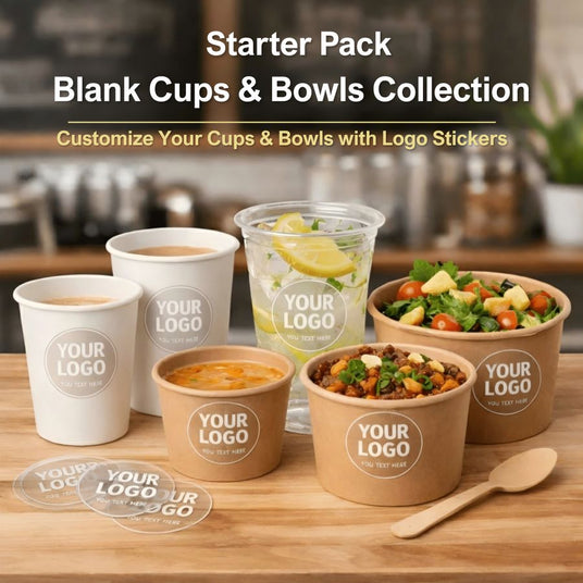 Promotional banner reading “Starter Pack Blank Cups & Bowls Collection,” showing blank paper cups and kraft bowls with “YOUR LOGO” sticker placeholders, plus sample clear logo stickers and bowls filled with soup, chili, and salad on a wooden table.