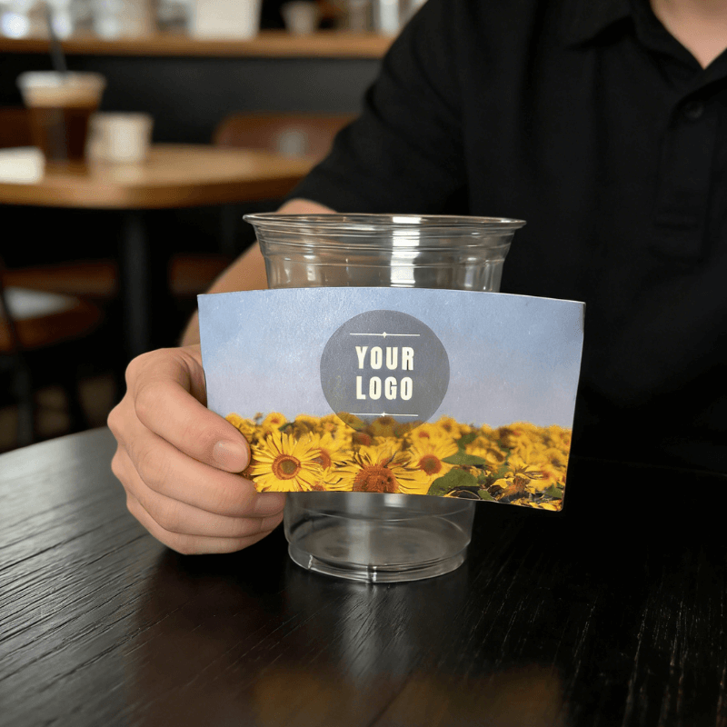 Hand holding a sunflower-field cup sleeve with a customizable logo in front of a clear plastic cup in a cafe.