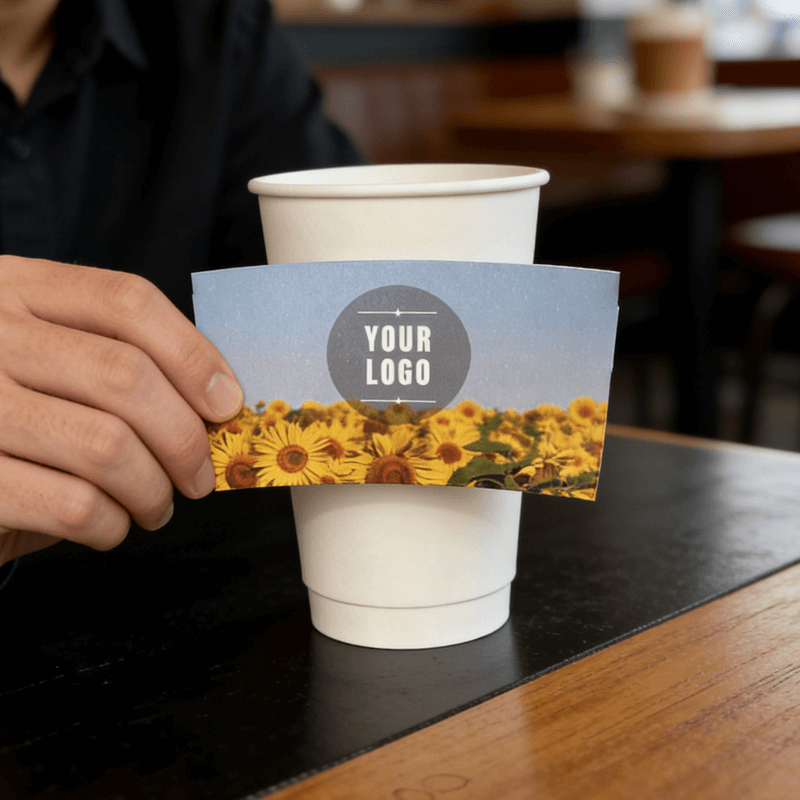 Hand holding a sunflower-field cup sleeve with a customizable logo in front of a white paper cup on a cafe table.