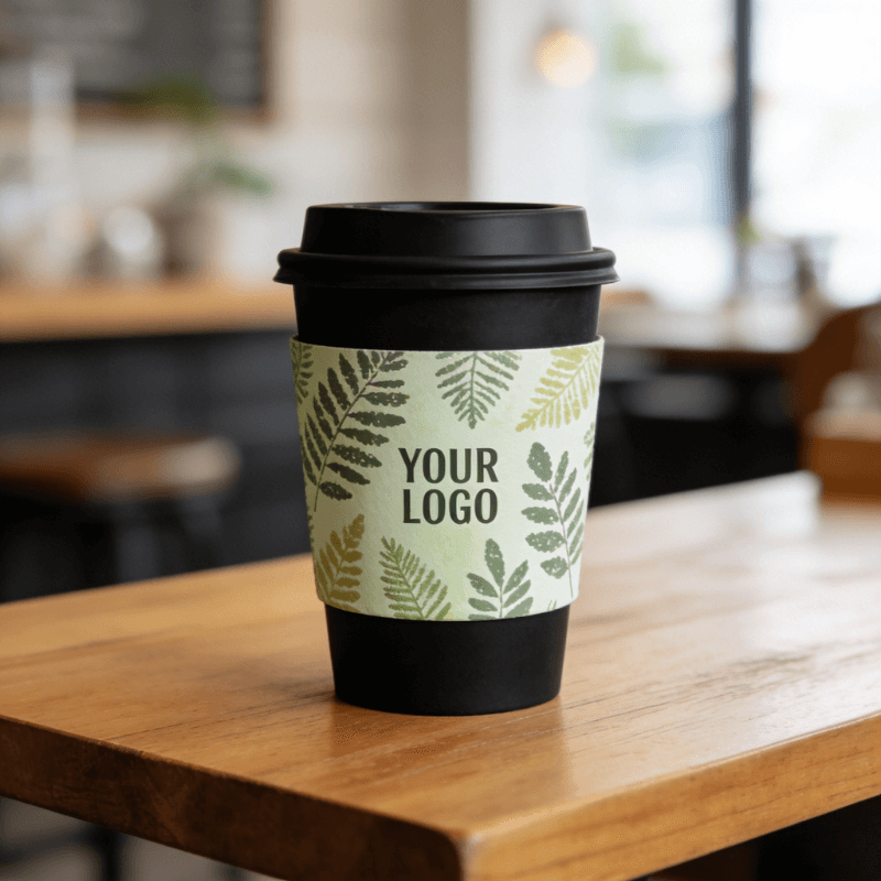 Black takeaway cup wrapped with a green leaf-pattern cup sleeve featuring a customizable logo on a cafe table.