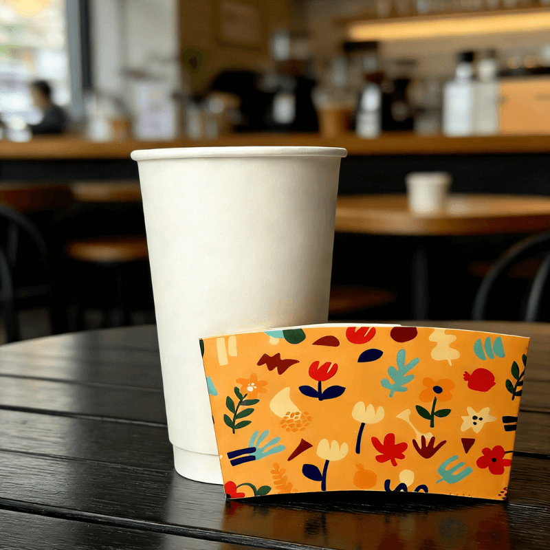 Orange floral-pattern cup sleeve displayed in front of a plain white paper cup on a cafe table.