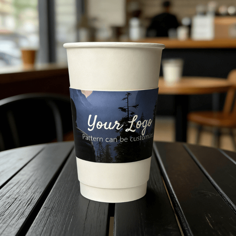 White paper cup wrapped with a dark night-forest cup sleeve showing a customizable logo in a cafe setting.