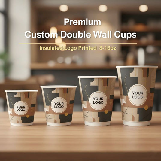 Banner reading “Premium Custom Double Wall Cups”; four insulated logo-printed paper cups (8–16oz) displayed on a wooden table in a café setting.