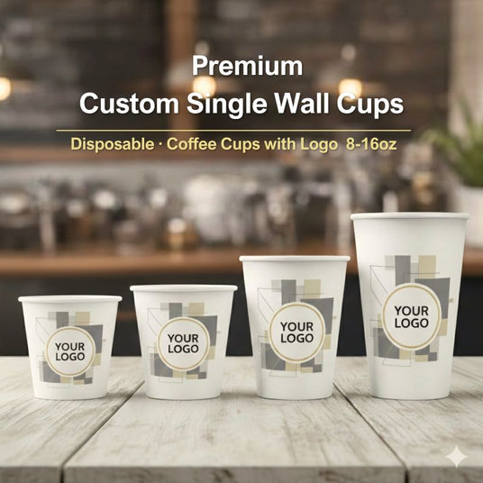 Banner reading “Premium Custom Single Wall Cups”; four disposable logo-printed coffee cups (8–16oz) on a wooden table with a blurred café background.