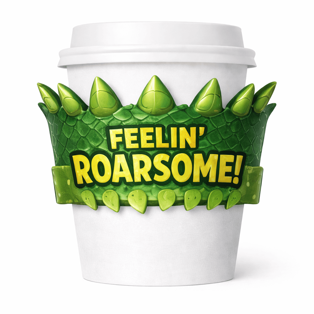 White paper cup with a green dinosaur-scale sleeve with spikes and the text “FEELIN’ ROARSOME!