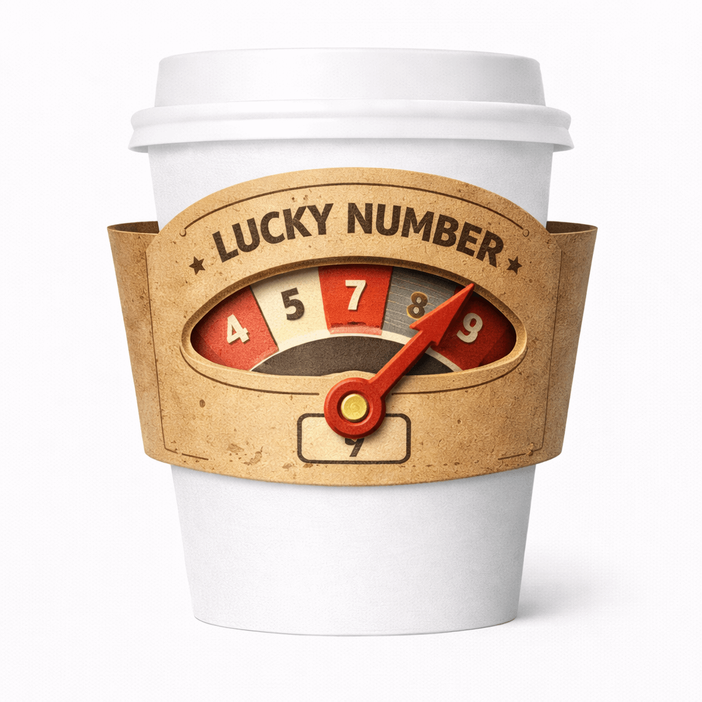 White paper cup with a “LUCKY NUMBER” dial-style sleeve featuring numbered segments and a red pointer.