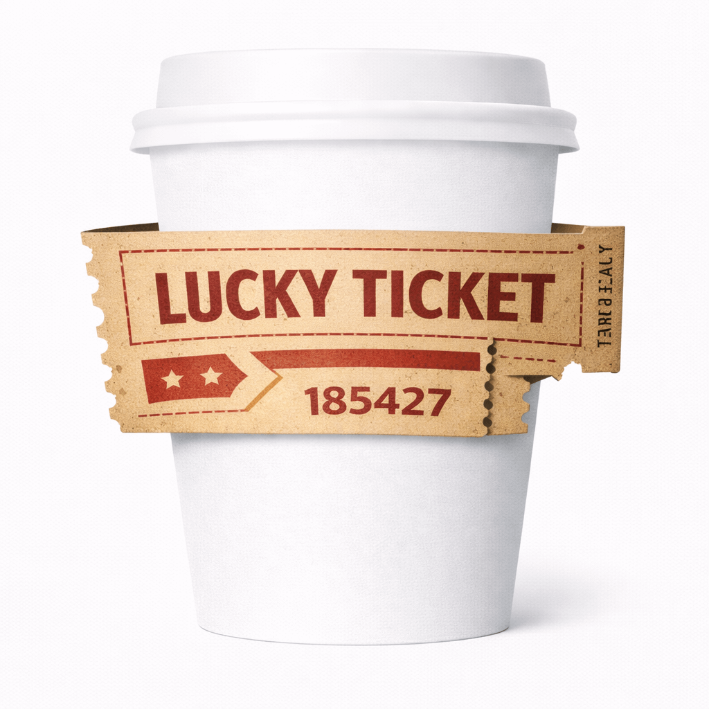 White paper cup with a vintage ticket-shaped sleeve reading “LUCKY TICKET” and the number “185427.