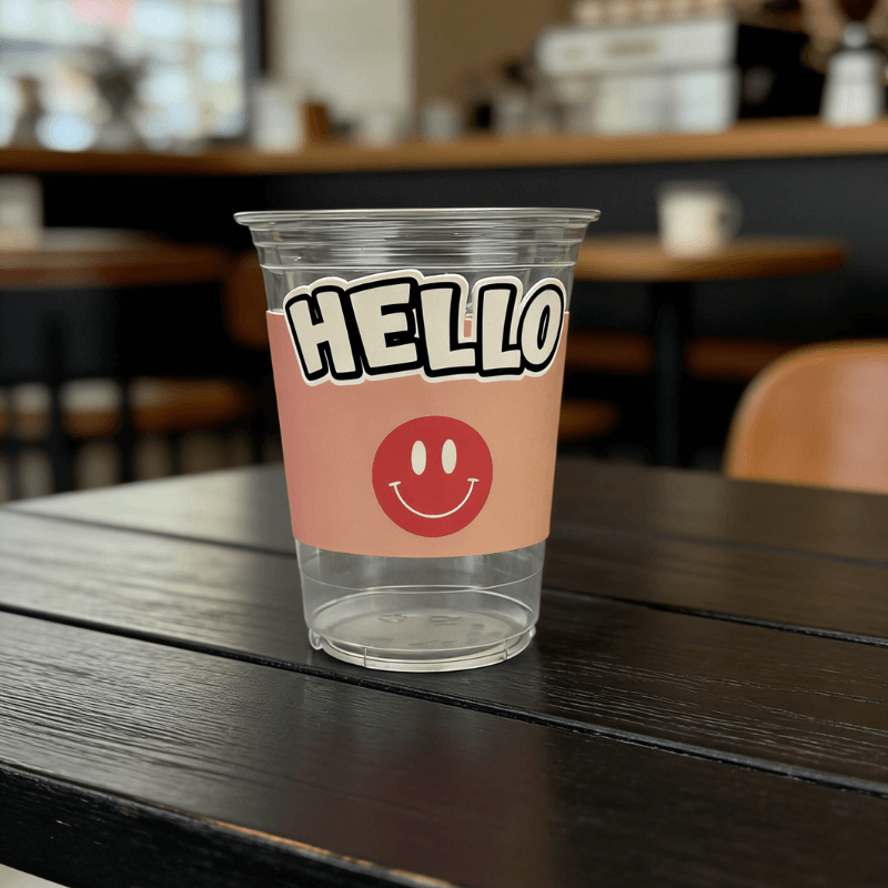 Clear plastic cup on a café table with a pink sleeve that says “HELLO” and a red smiley face; background is softly blurred.