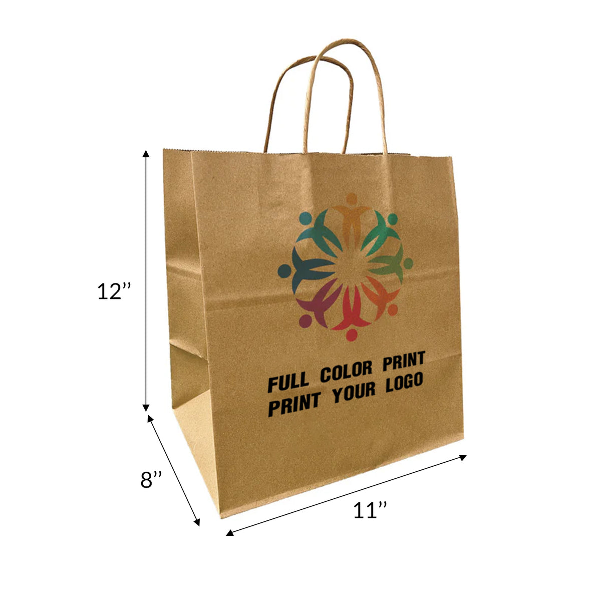 200pcs, 11x8x12 inches Kraft Paper Bags Cardboard Insert Twisted Handles, Printed in Canada