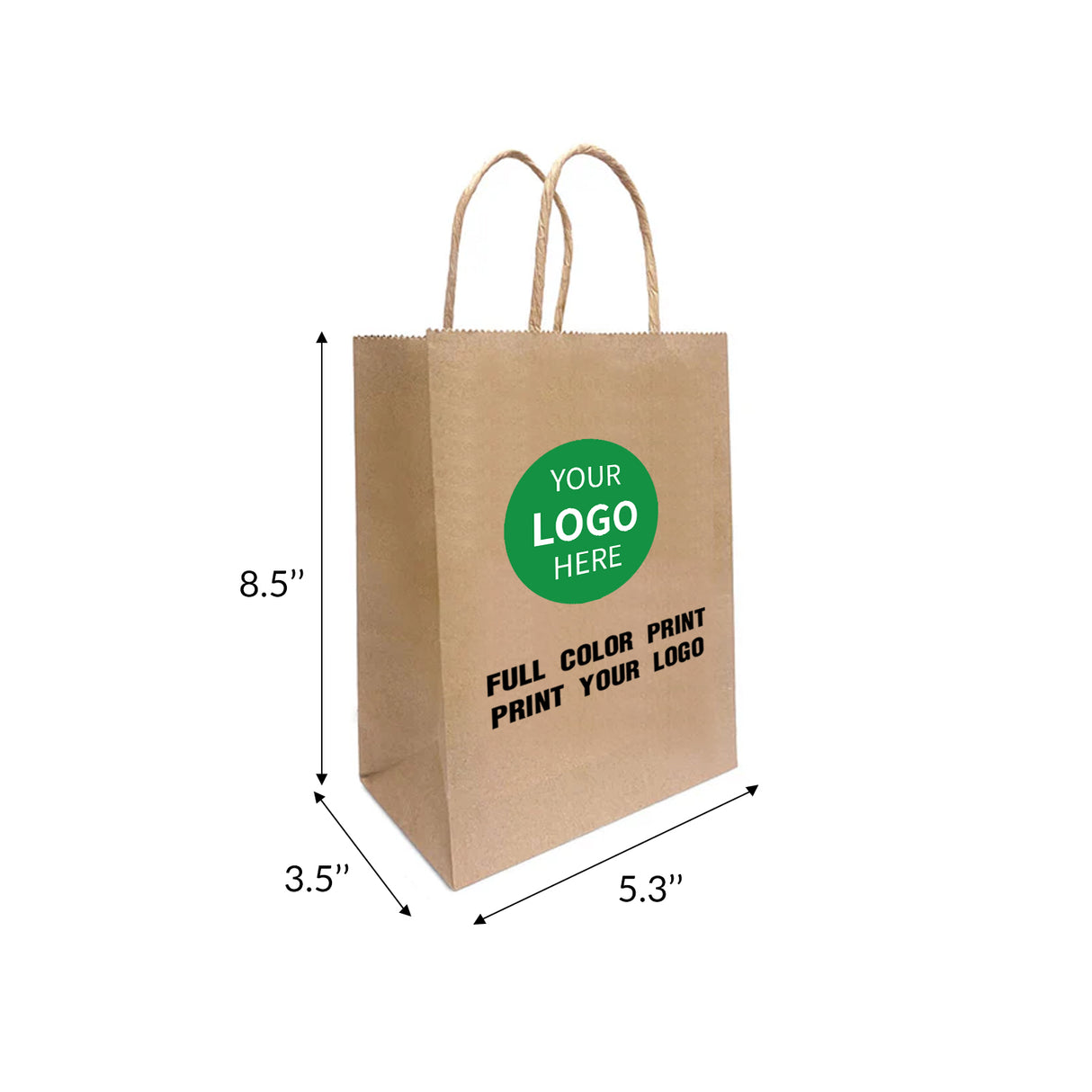 100pcs, 5.3x3.5x8.5 inches Kraft Paper Bags Twist Handles, Printed in Canada