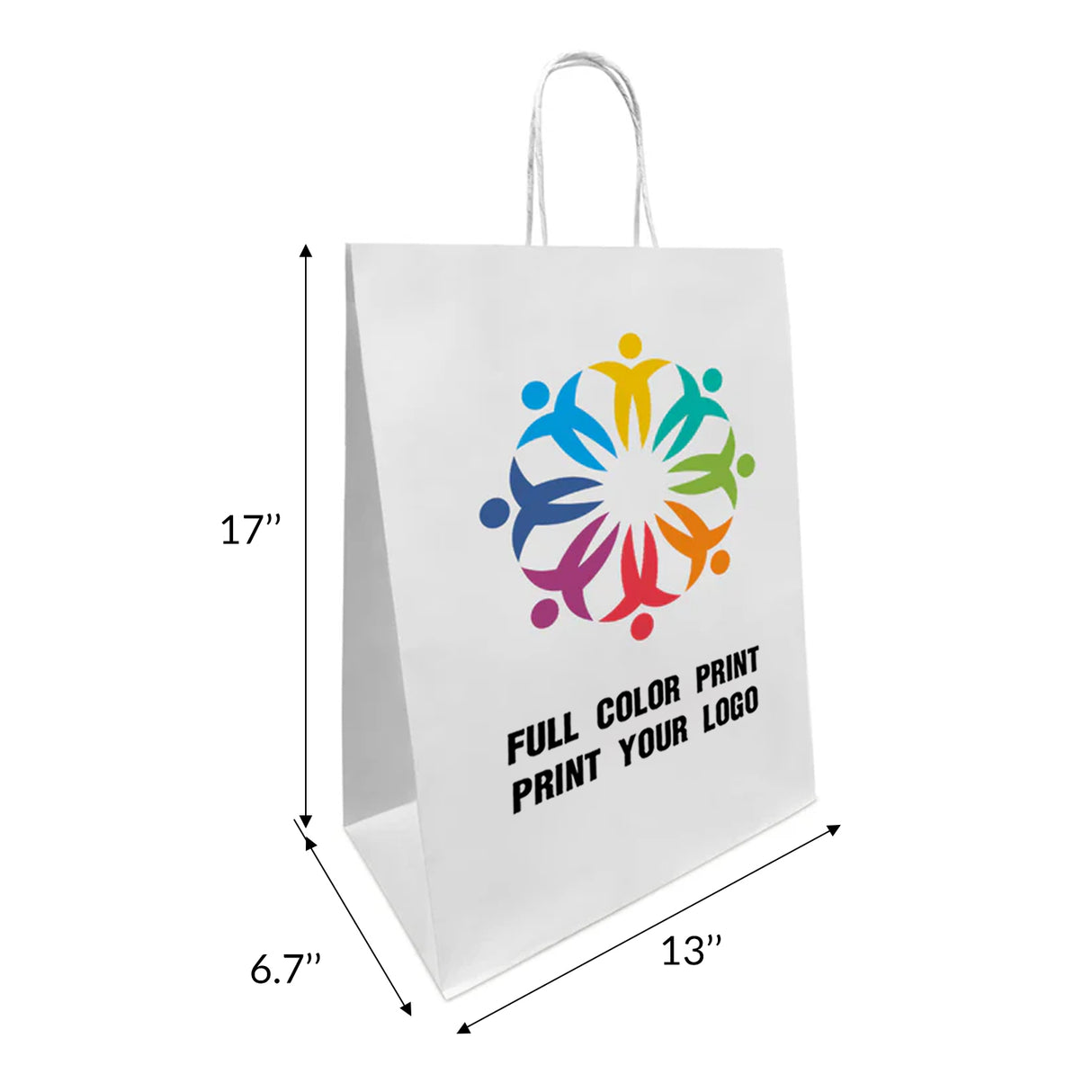 250pcs, 13x7x17 inches White Paper Bags Twist Handles, Printed in Canada