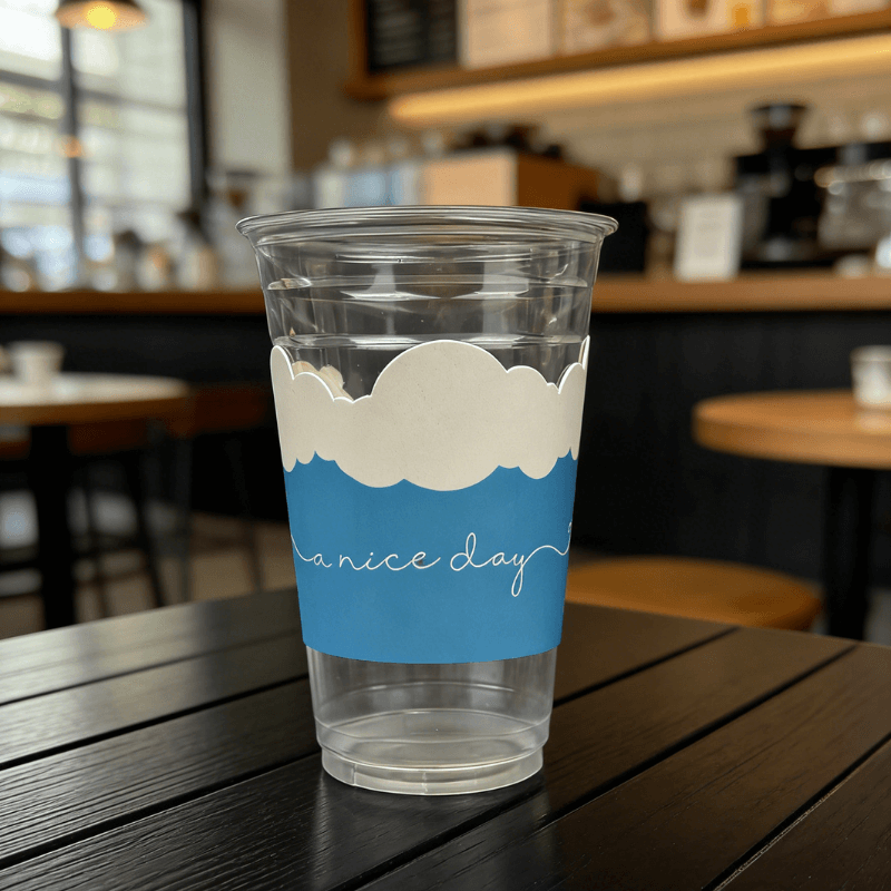 Clear plastic cup on a café table with a blue sleeve topped with a white cloud shape and the phrase “a nice day”; background is softly blurred.