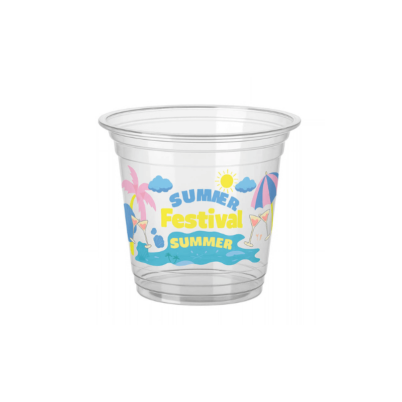 A clear 12 oz plastic cup with a colorful “SUMMER Festival SUMMER” design featuring a sun, clouds, waves, palm trees, a beach umbrella, and drinks on a white background.