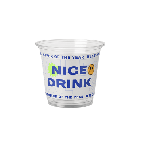 Clear plastic cup with bold blue “NICE DRINK” text, a smiley face icon, and “BEST OFFER OF THE YEAR” repeated around the rim on a white background.