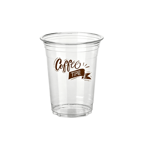 Clear plastic cup with a brown “Coffee Time” script logo on a white background.