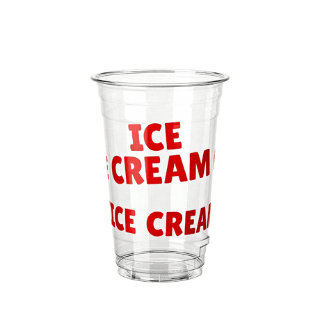 Clear plastic cup with bold red “ICE CREAM” text repeated around the cup on a white background.