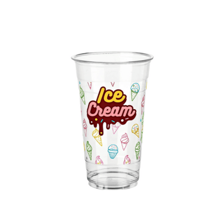 Clear plastic cup with a drippy “Ice Cream” logo and a colorful pattern of ice cream cones and cupcakes on a white background.