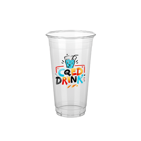 Clear plastic cup with a colorful “ICED DRINK” graphic and a small illustrated blue drink with a straw on a white background.