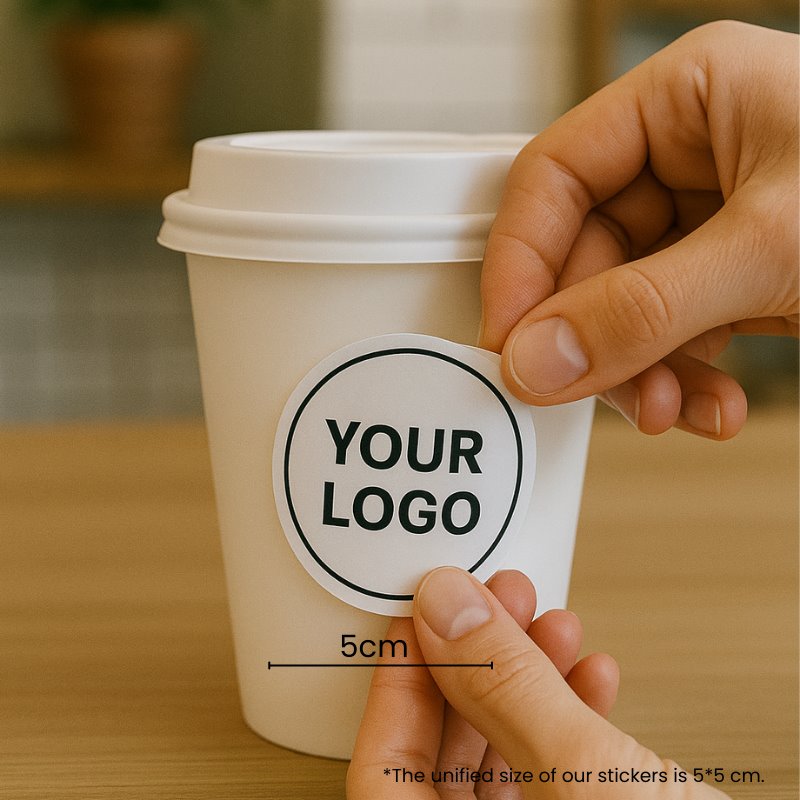Close-up of hands placing a round logo sticker onto a 12oz single wall paper cup in a café scene.