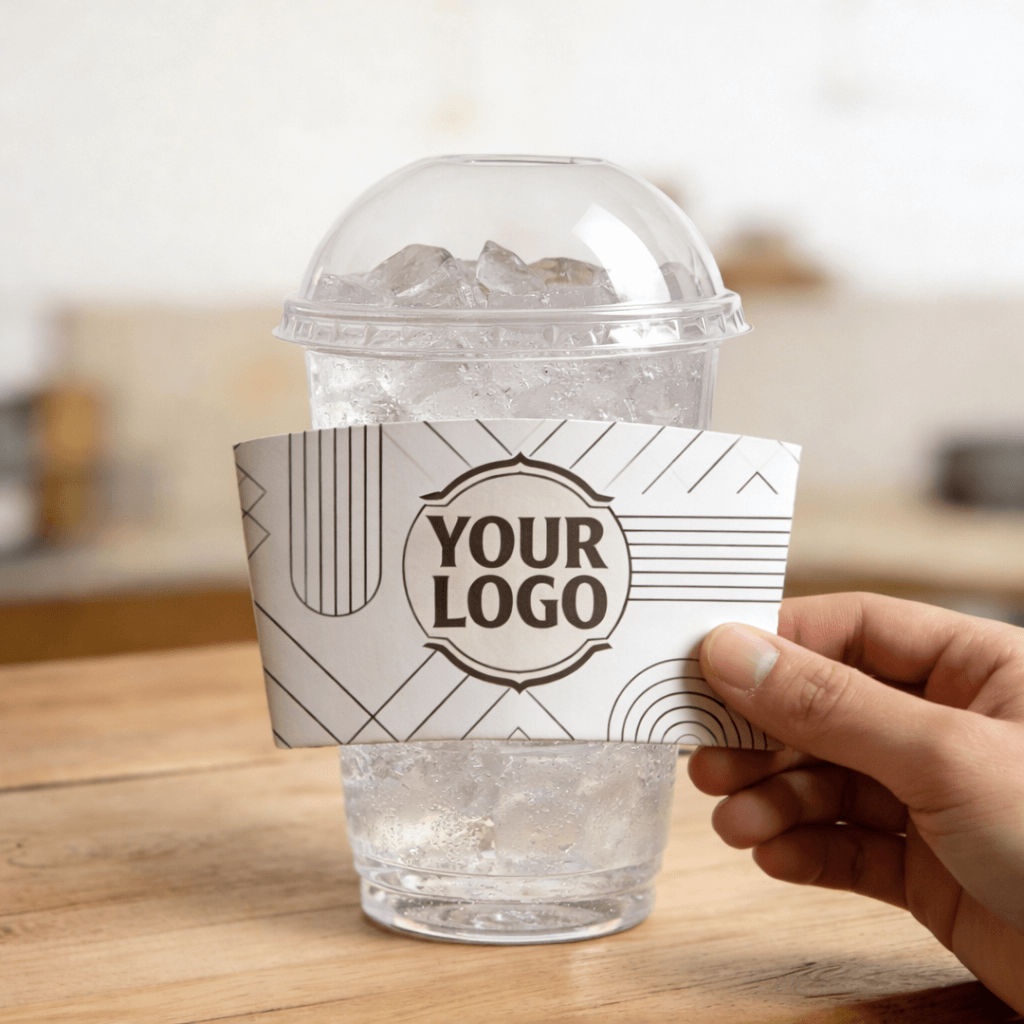 Hand holding a white geometric-line cup sleeve with a customizable logo against a clear iced drink cup with a dome lid.