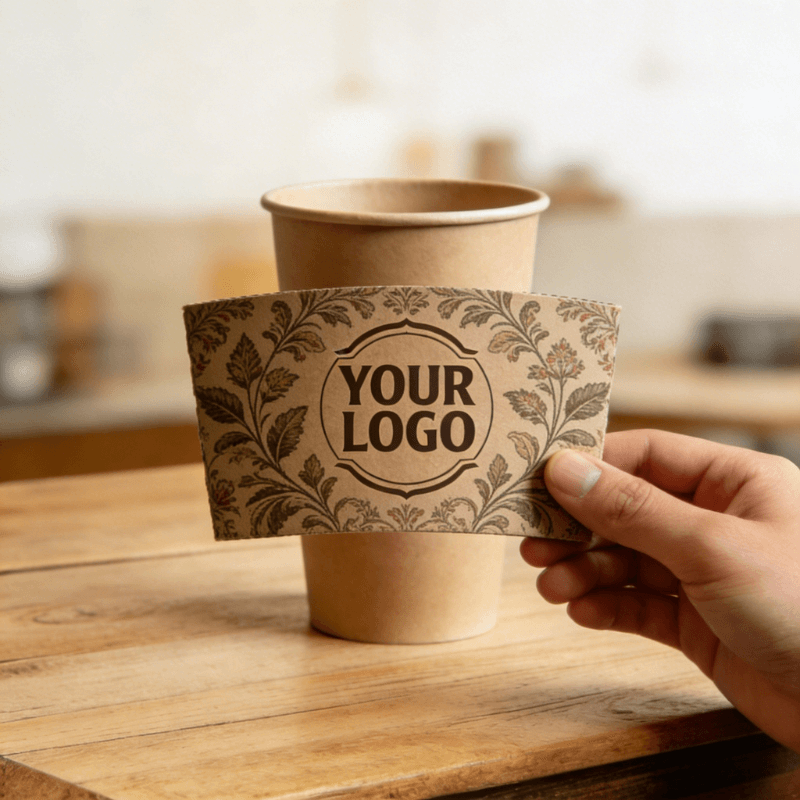 Hand holding a vintage floral-pattern cup sleeve with a customizable logo in front of a kraft paper cup on a wooden table.