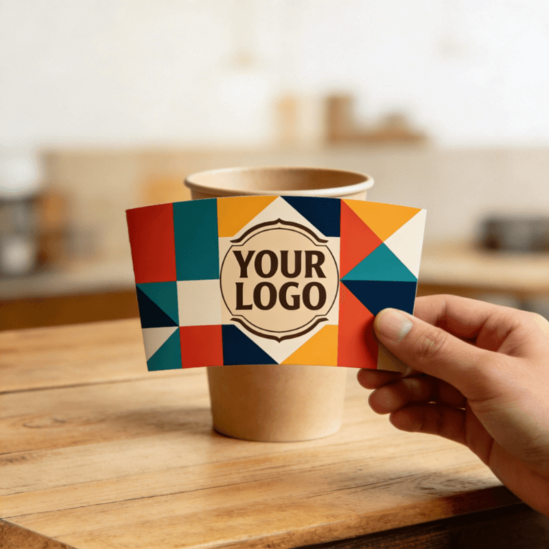 Hand holding a colorful geometric patchwork cup sleeve with a customizable logo in front of a kraft paper cup on a wooden table.