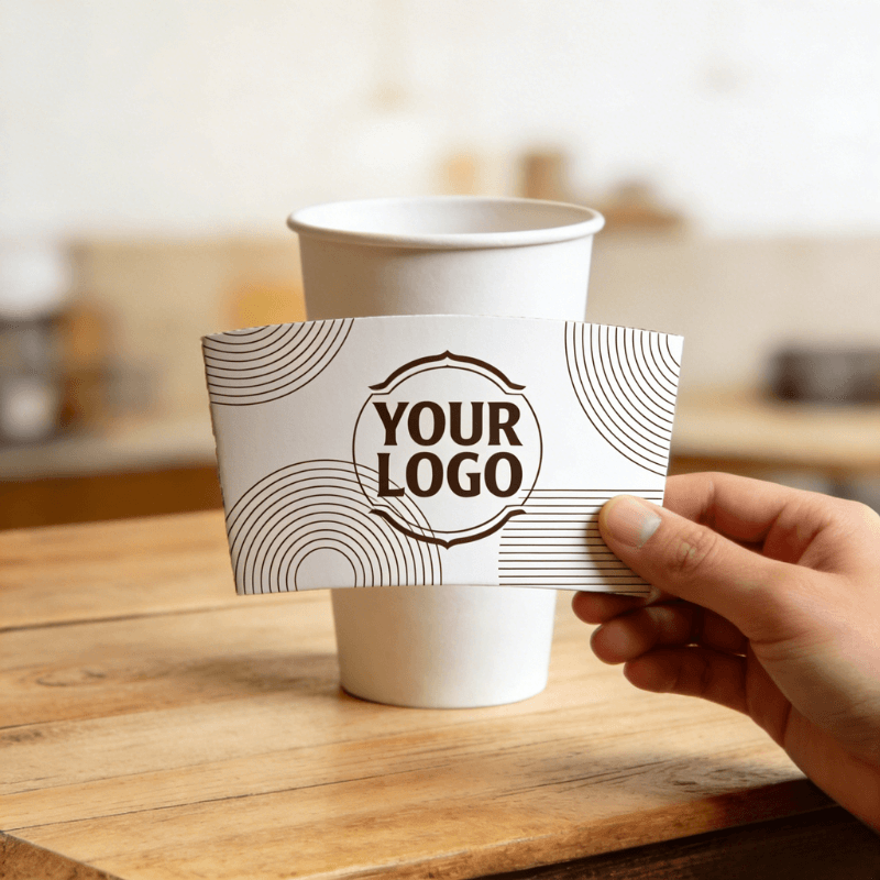 Hand holding a white cup sleeve with minimalist line patterns and a customizable logo in front of a white paper cup.