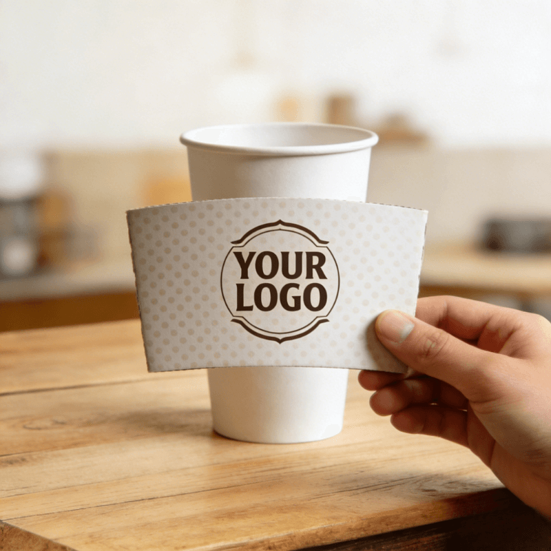 Hand holding a customizable logo cup sleeve with a subtle polka-dot pattern in front of a white paper cup.
