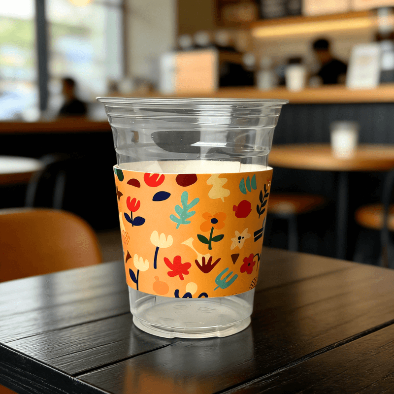 Clear plastic cup wrapped with an orange floral-pattern cup sleeve on a cafe table.