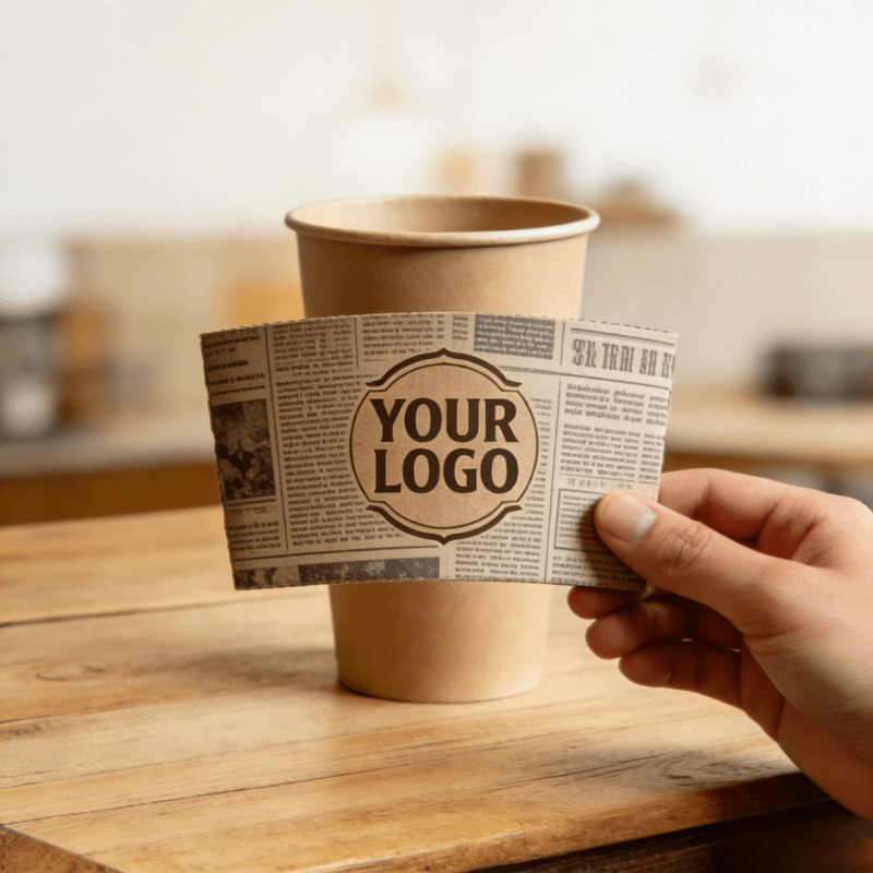 Hand holding a customizable logo cup sleeve with a newspaper-style print in front of a kraft paper cup.