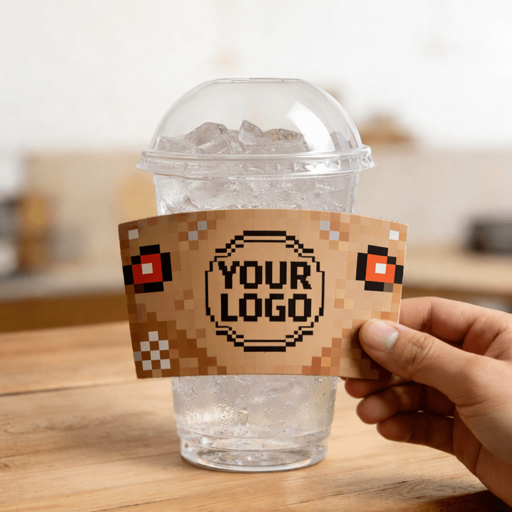 Hand holding a customizable logo cup sleeve with a pixel-art pattern in front of a clear iced drink cup with a dome lid.